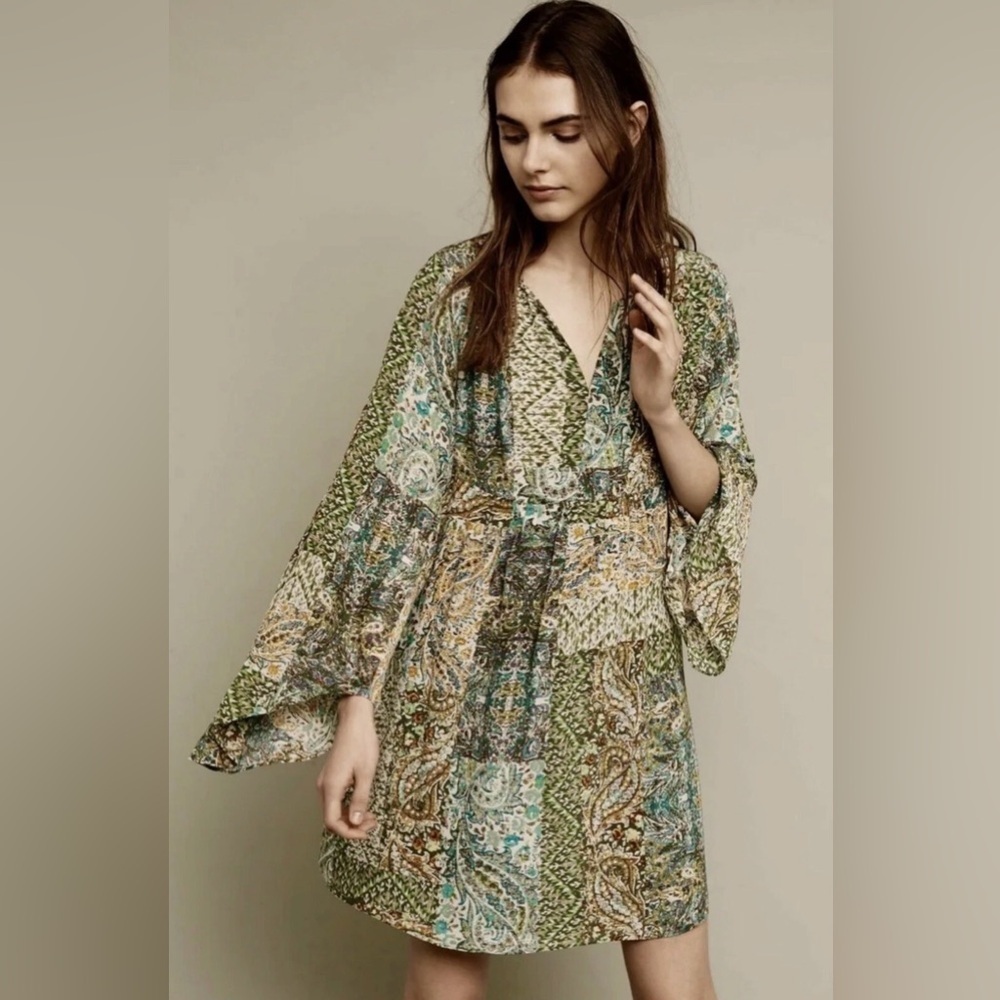 Anthropologie Floreat Amelie Paisley Silk Bell Sleeve Babydoll Swing Dress Sz 10